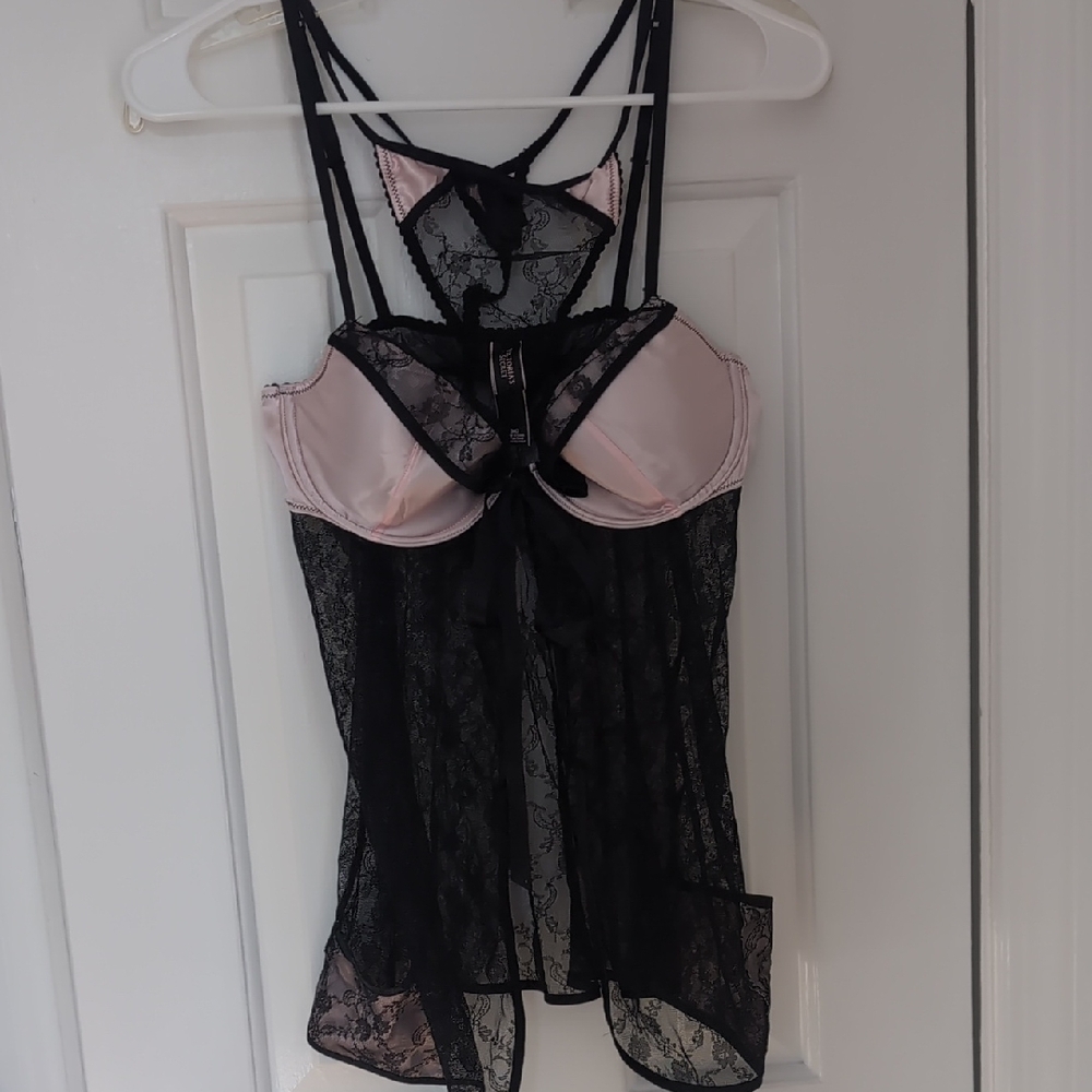 Victoria's Secret Black and Pink Lace Babydoll Lingerie